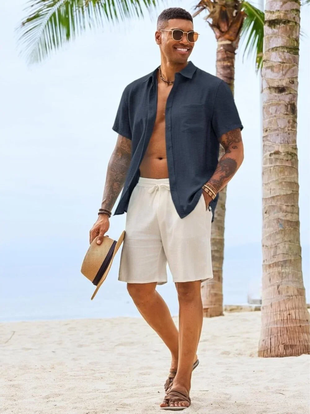 Men's Navy Button Down Linen Short Sleeve Casual Beach Wedding Shirt - Picture 5 of 6